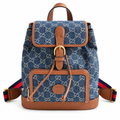 Gucci GG Denim Canvas Small Backpack with Brown Leather Trim