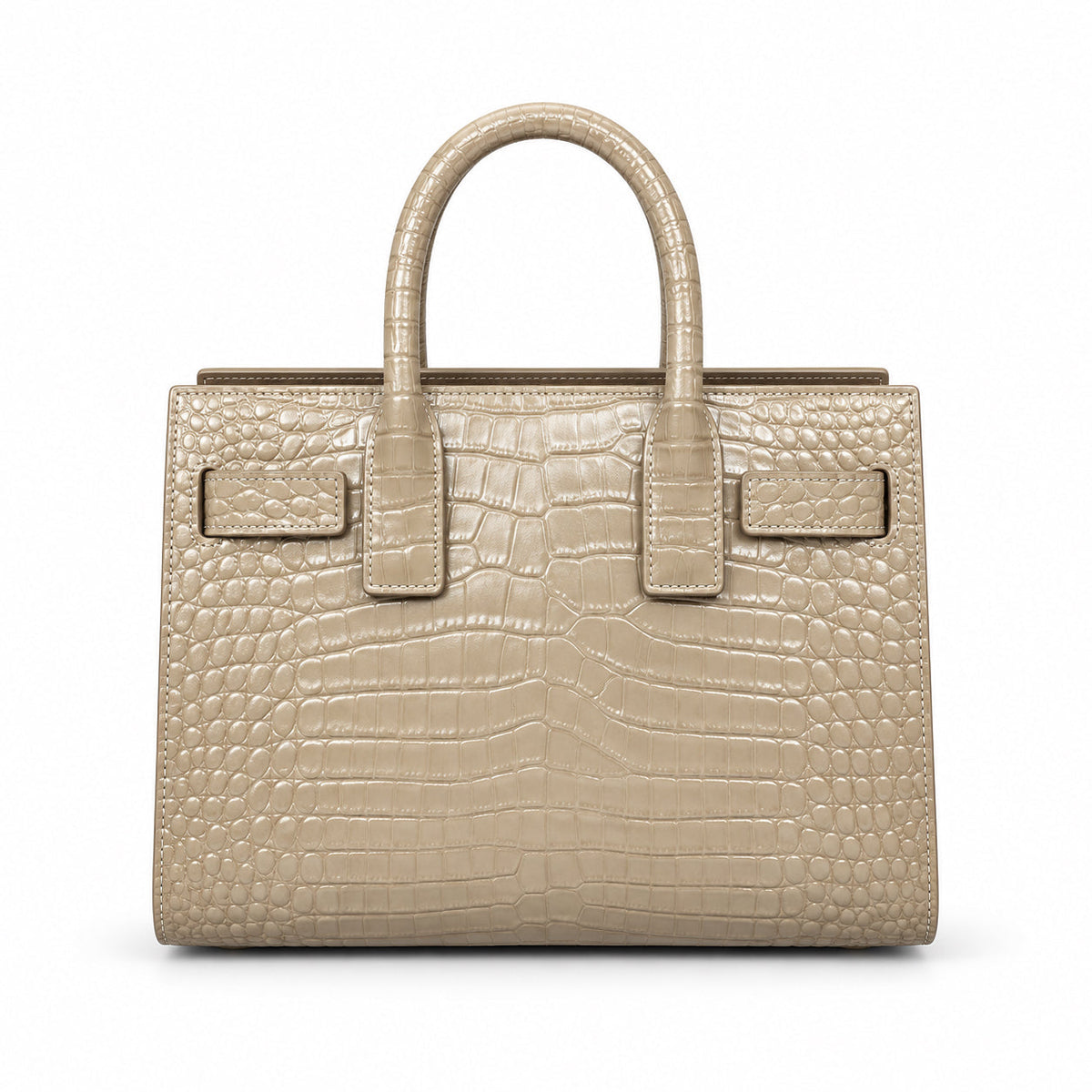 Saint Laurent Sac de Jour structured top handle tote bag in warm beige croc-embossed patent calfskin leather with tonal hardware