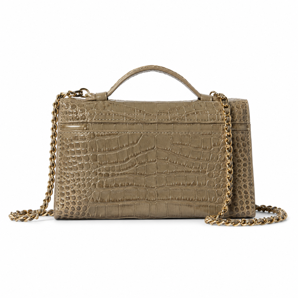 Chanel Taupe Croc-Embossed Structured Box Bag | Full-Width Front Zip & Antique Gold Chain
