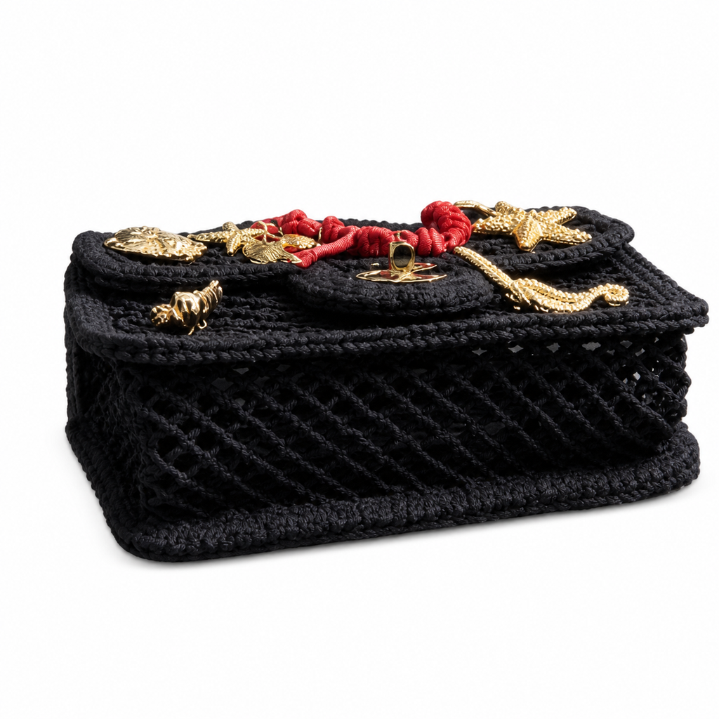 Chanel Black Crochet Classic Flap | Gold Marine Charms & Red Macramé — 21cm