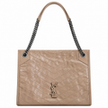 YSL Niki Shopping Bag in beige chevron-quilted crinkled leather with dual gunmetal chain straps and tone-on-tone YSL monogram, front view