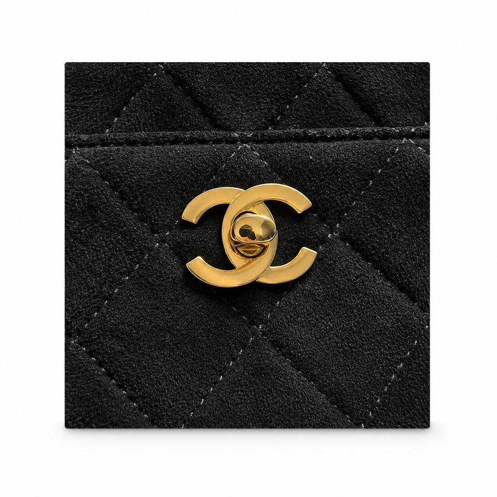 Chanel Black Suede Quilted Camera Bag | CC Turn-Lock Front Pocket, Top Zip & Gold Chain