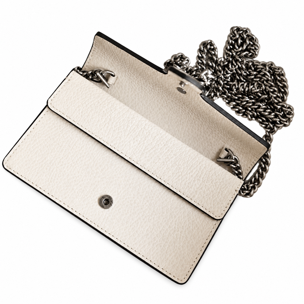 Gucci Dionysus Mini Bag in White Pebbled Leather with Crystal Tiger-Head Closure