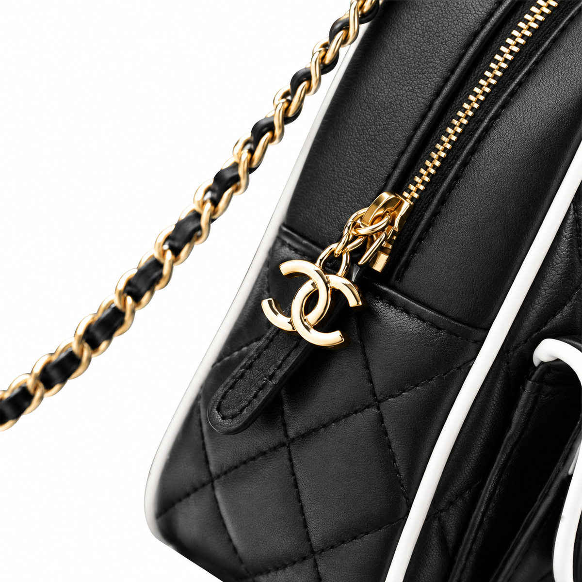 Chanel Quilted Lambskin Mini Backpack Black White Piping 18×13×9cm
