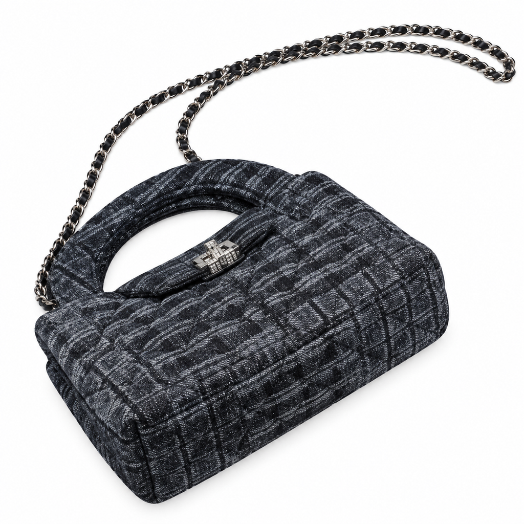 Chanel Mini Coco Handle Quilted Check Fabric Charcoal Gunmetal 19cm