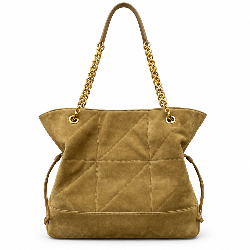 YSL Saint Laurent Bougeoir Drawstring Tote in Sand Quilted Suede