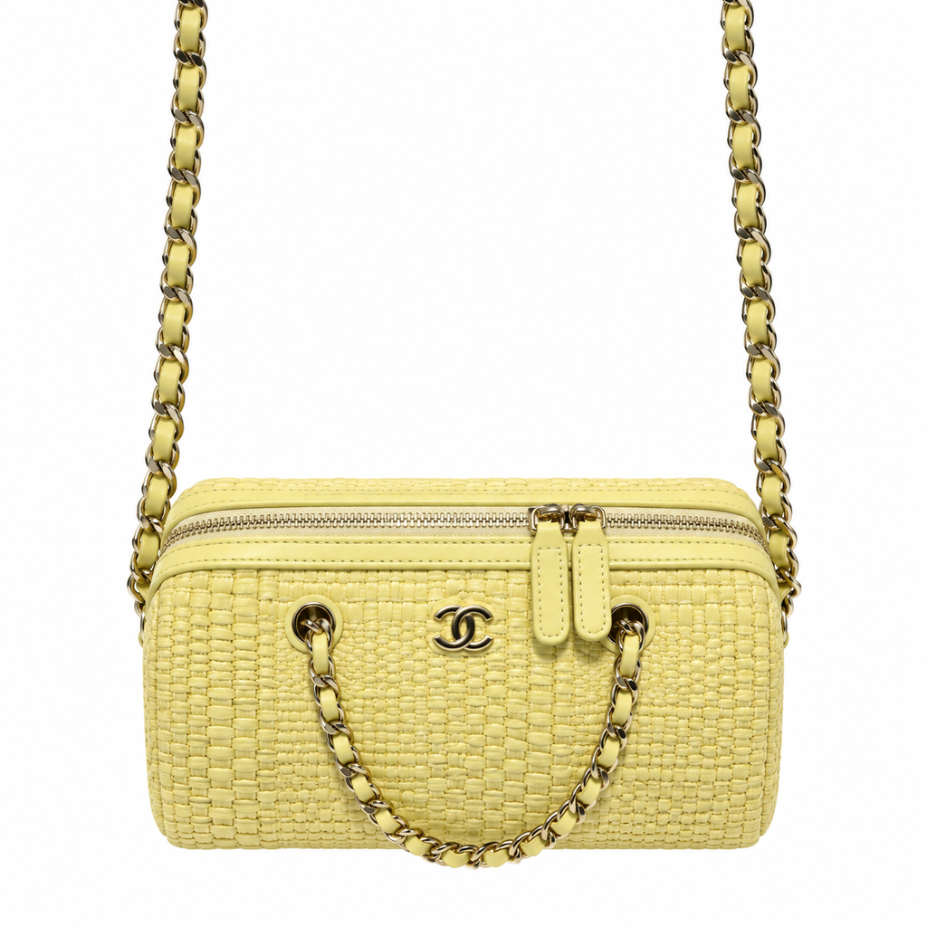 Chanel Raffia Camera Bag Woven Butter Yellow Gold CC 18.5cm