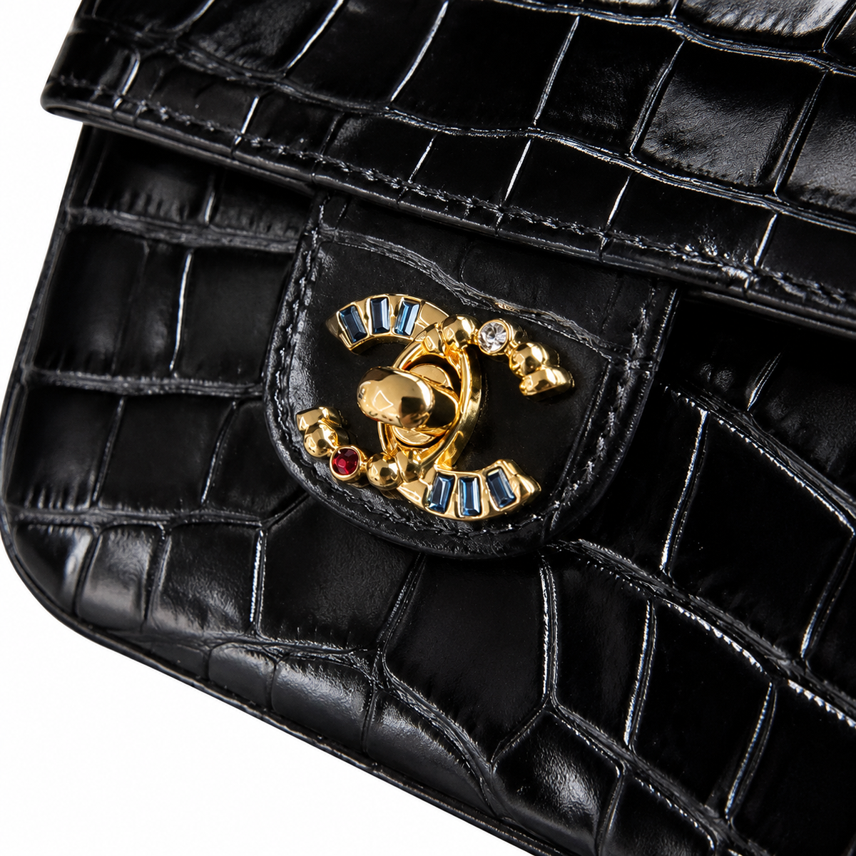 Chanel Black High-Gloss Croc-Embossed Flap Bag | Black Crystal CC Turn-Lock & Letter Charm Chain