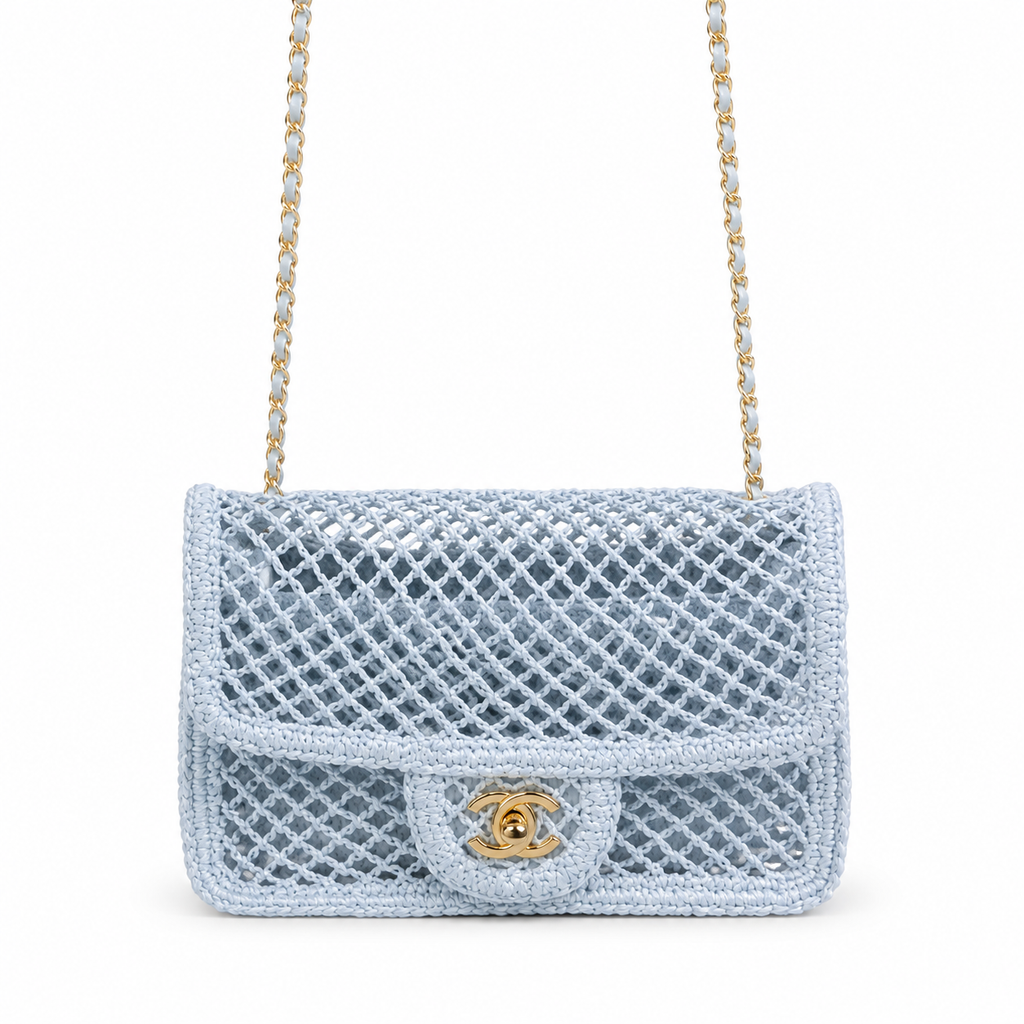 Chanel Pale Blue Open-Weave Crochet Classic Double Flap | Gold CC — 21cm