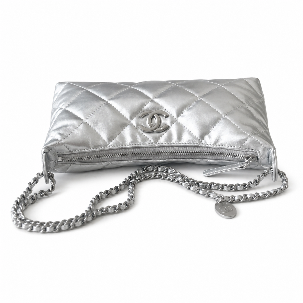 Chanel Silver Metallic Quilted Hobo | Tonal CC & Draped All-Chain Strap — 26cm