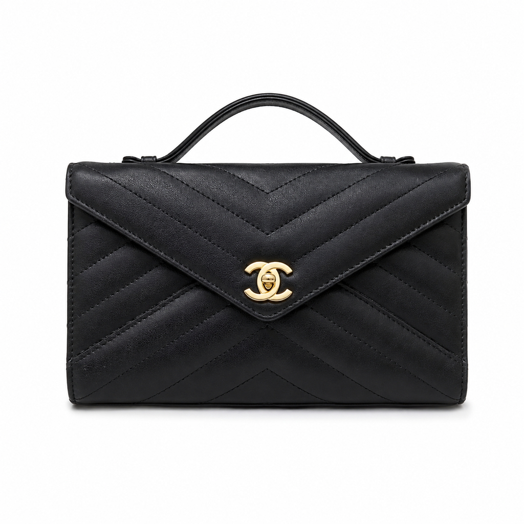 Chanel Black Chevron-Quilted Lambskin Envelope Bag | Gold CC & Deep Red Interior
