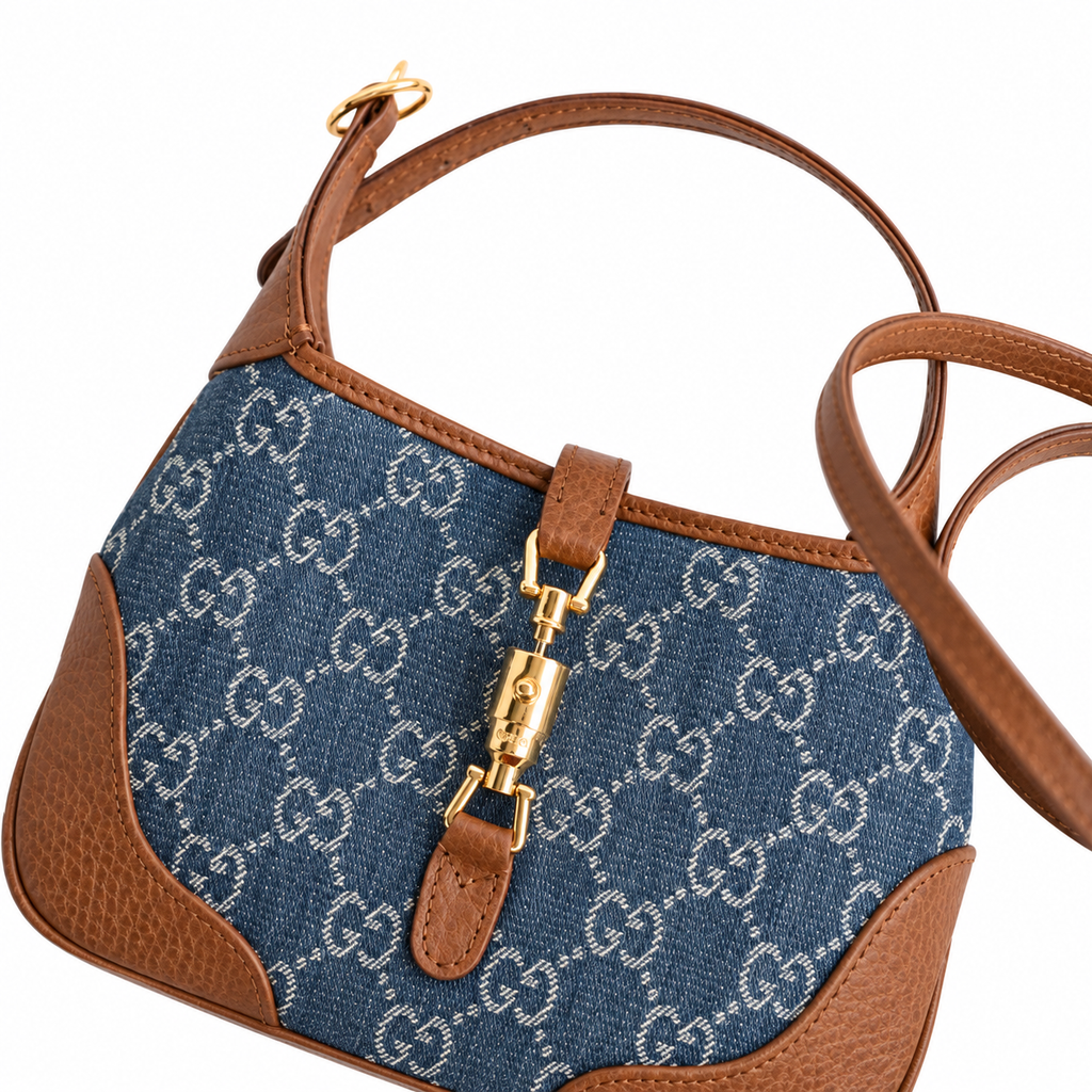 Gucci Jackie 1961 Mini Hobo in Blue GG Denim Canvas with Cognac Trim