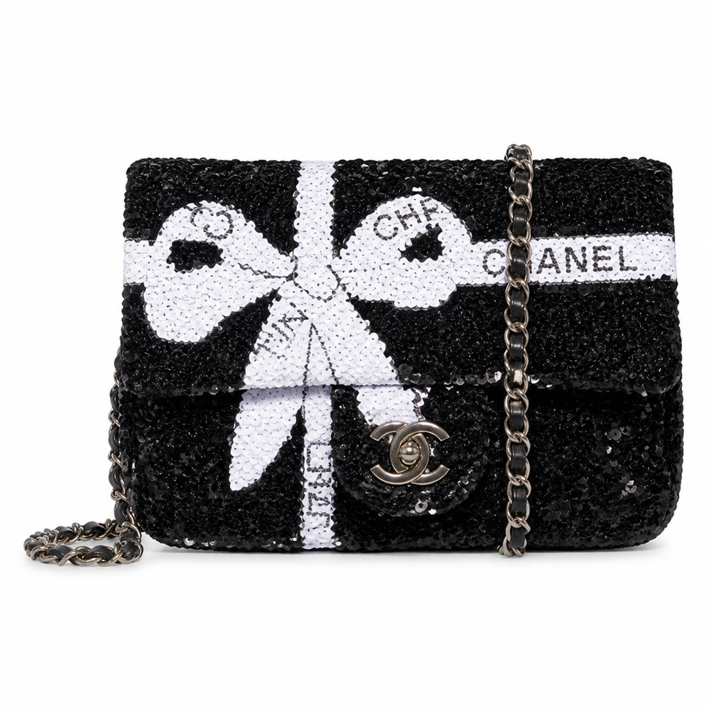 Chanel Monochrome Sequin Bow Chain Shoulder Bag