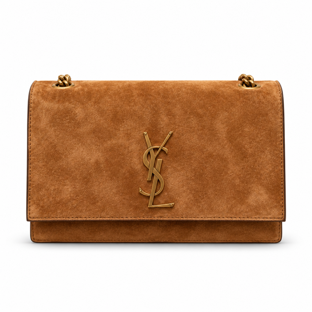 Saint Laurent Kate Medium chain shoulder bag in tan suede with antique gold YSL monogram hardware