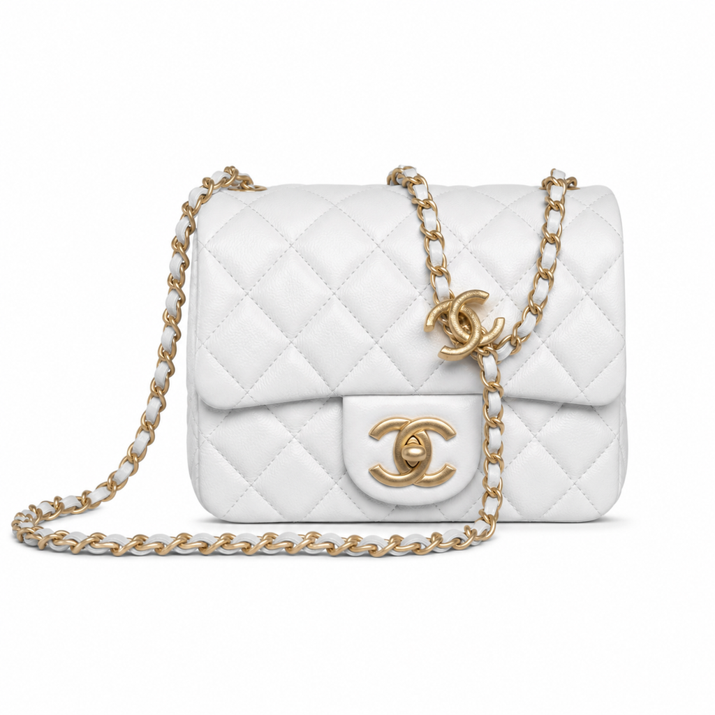 Chanel Mini Square Flap White Lambskin | Oversized CC Turn-Lock & Gold CC Charm — 18cm