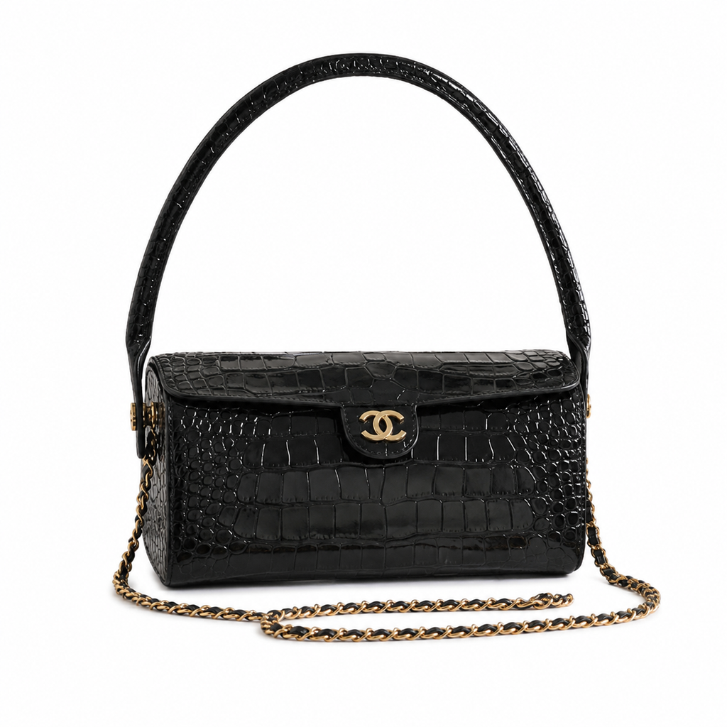 Chanel Black Croc-Embossed Patent Boxy Flap Bag | Arched Handle, Gold Turn-Lock & Chain