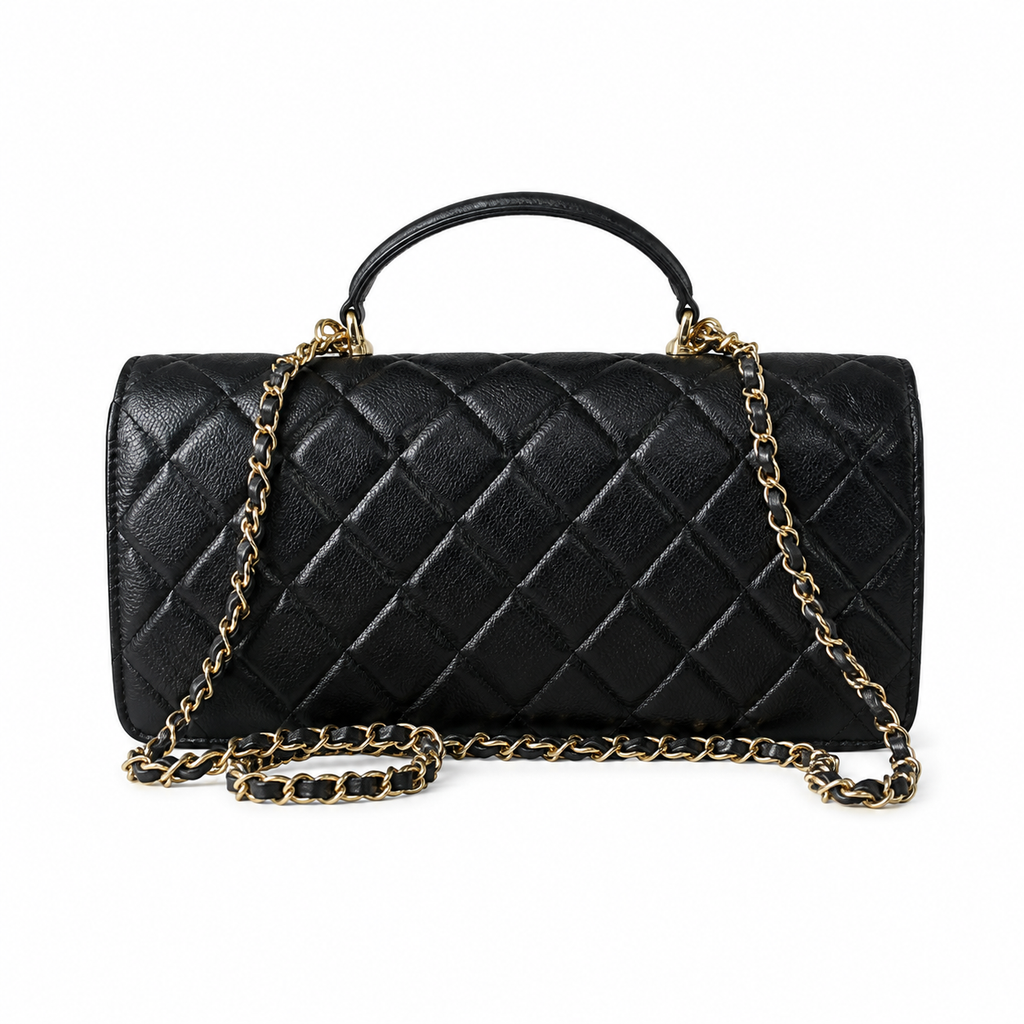 Chanel Black Vintage-Effect Diamond-Quilted Lambskin Elongated Flap Bag | Top Handle & Tonal Chain