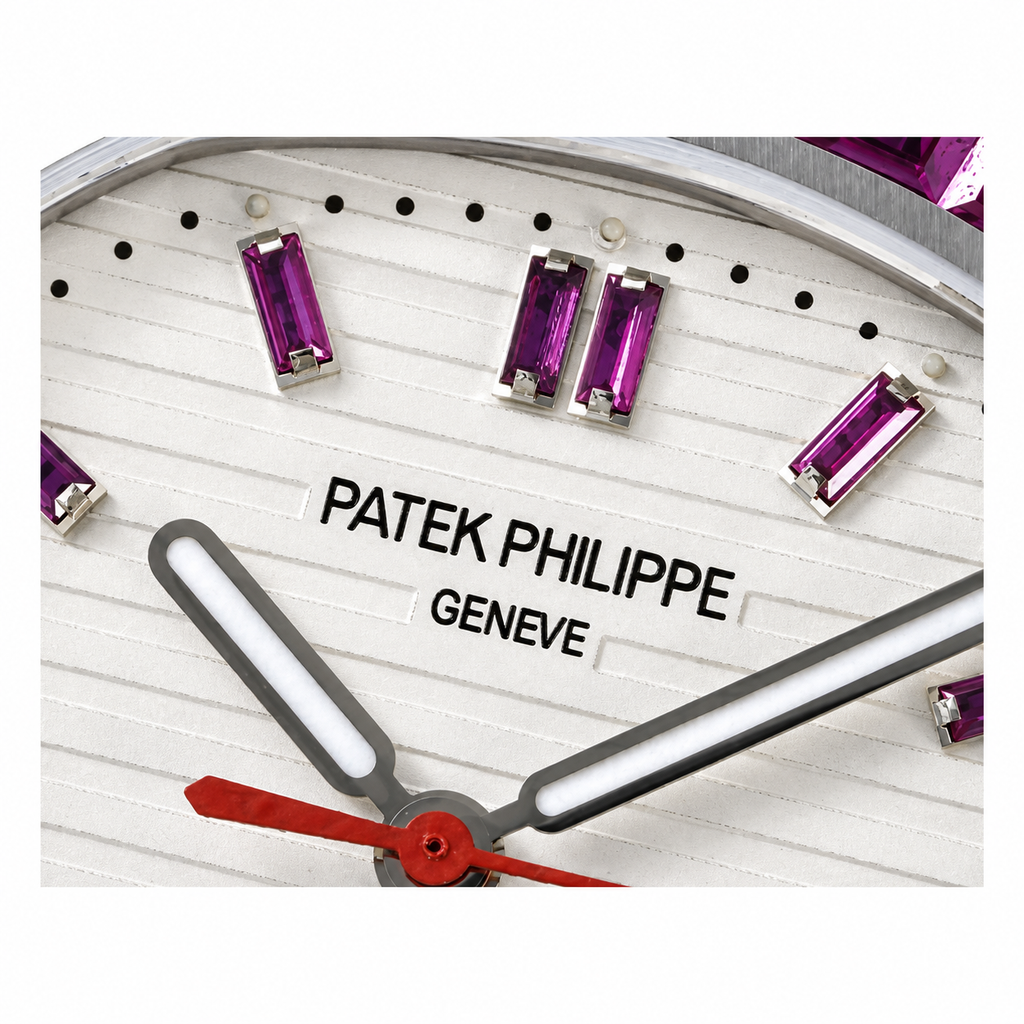 Patek Philippe Nautilus Steel Pink Sapphire Baguette Bezel White MOP Dial 40mm