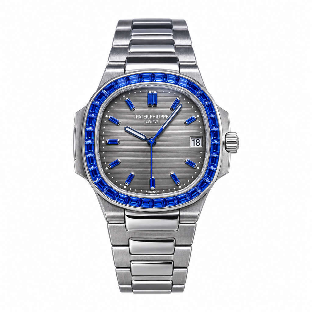 Patek Philippe Nautilus Steel Sapphire Baguette Bezel Grey Dial 35mm