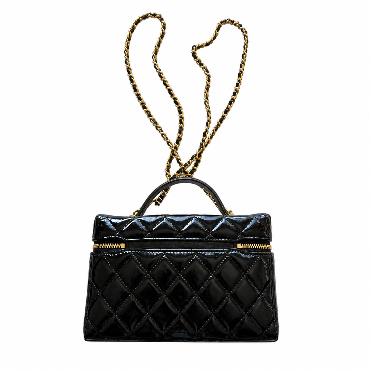 Chanel Pearl & Camellia CC Vanity Pouch Black Patent | Jewelled Gold CC & Chain — 19cm