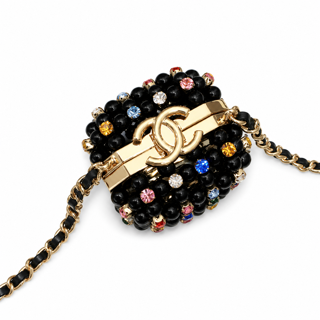 Chanel Black Pearl Minaudère Box Bag | Multicolor Rhinestones & Gold CC — 8cm