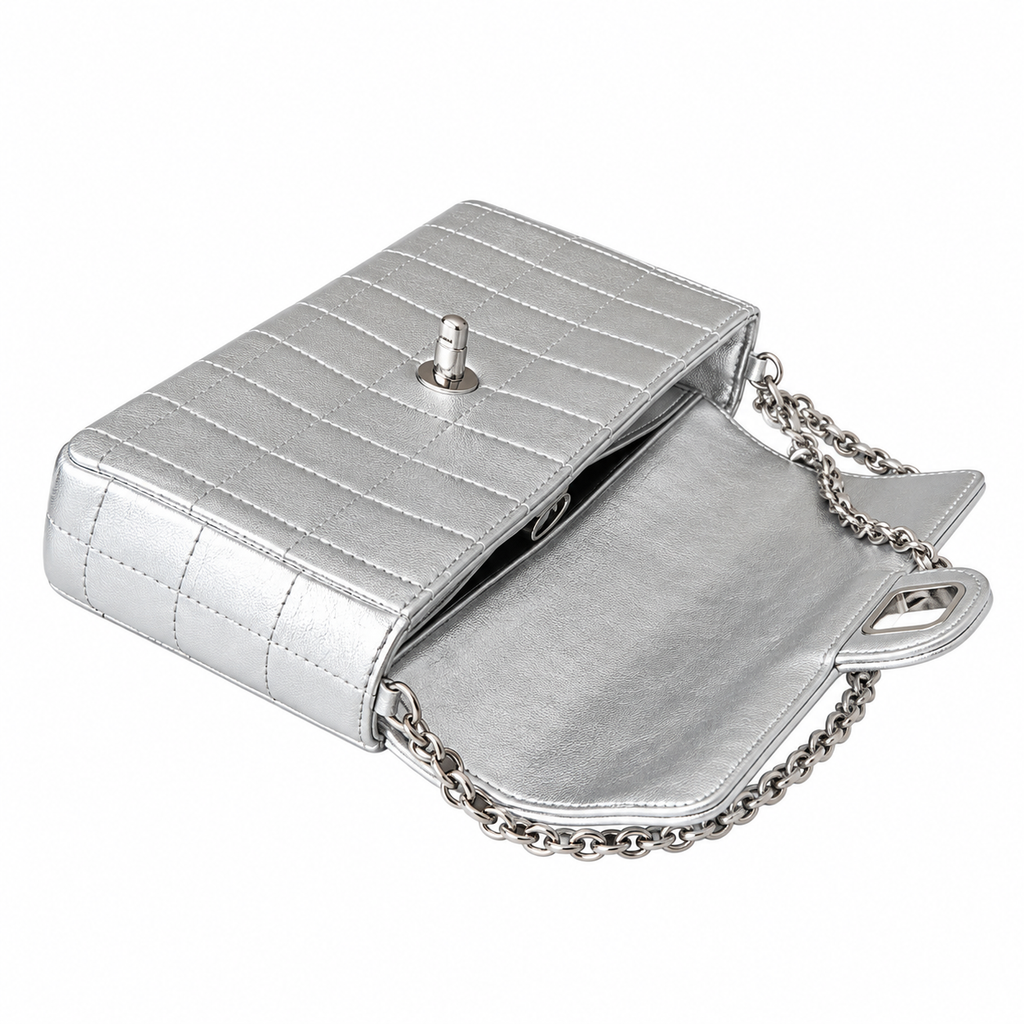 Chanel Metallic Square Quilted East West Flap Bag Silver 26cm