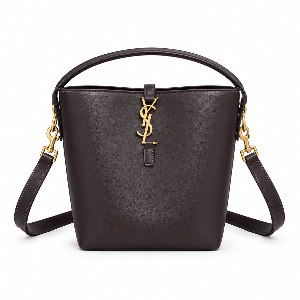 YSL Le 37 Bucket Bag in dark brown smooth leather with gold YSL cassandre monogram charm, top loop handle and wide adjustable crossbody strap, front view