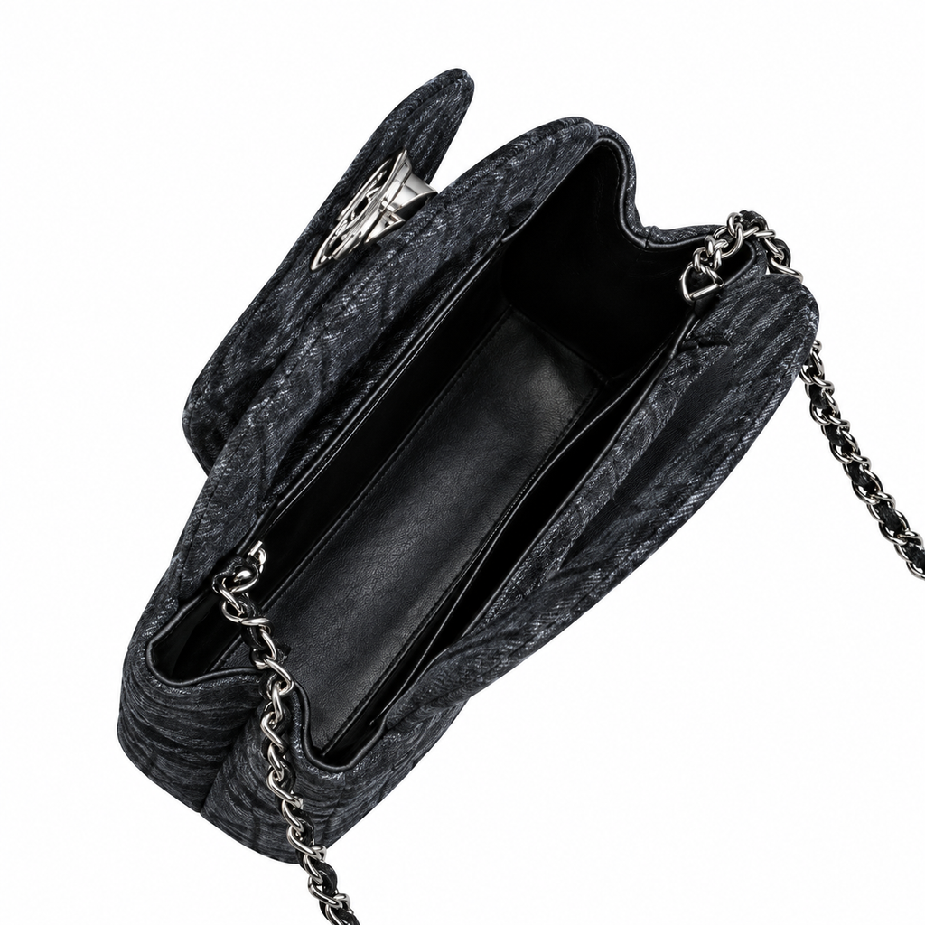 Chanel Mini Coco Handle Quilted Check Fabric Charcoal Gunmetal 19cm