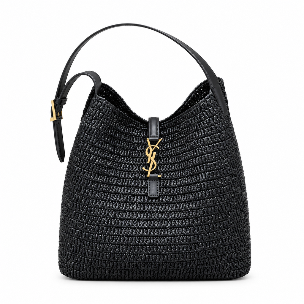 YSL Saint Laurent Le 5 À 7 Raffia Tote Bag Black