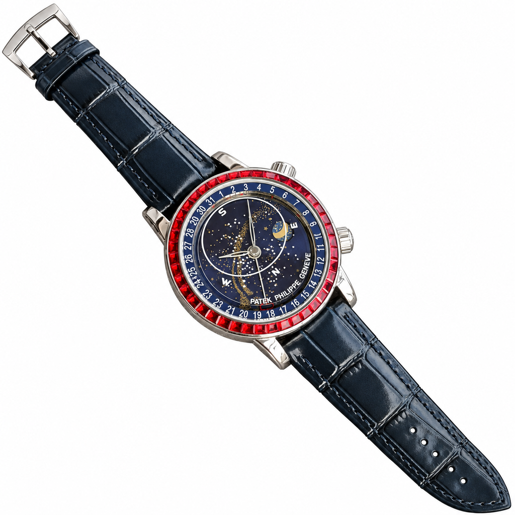 Patek Philippe White Gold Sky Moon Celestial Ruby Bezel Blue Dial