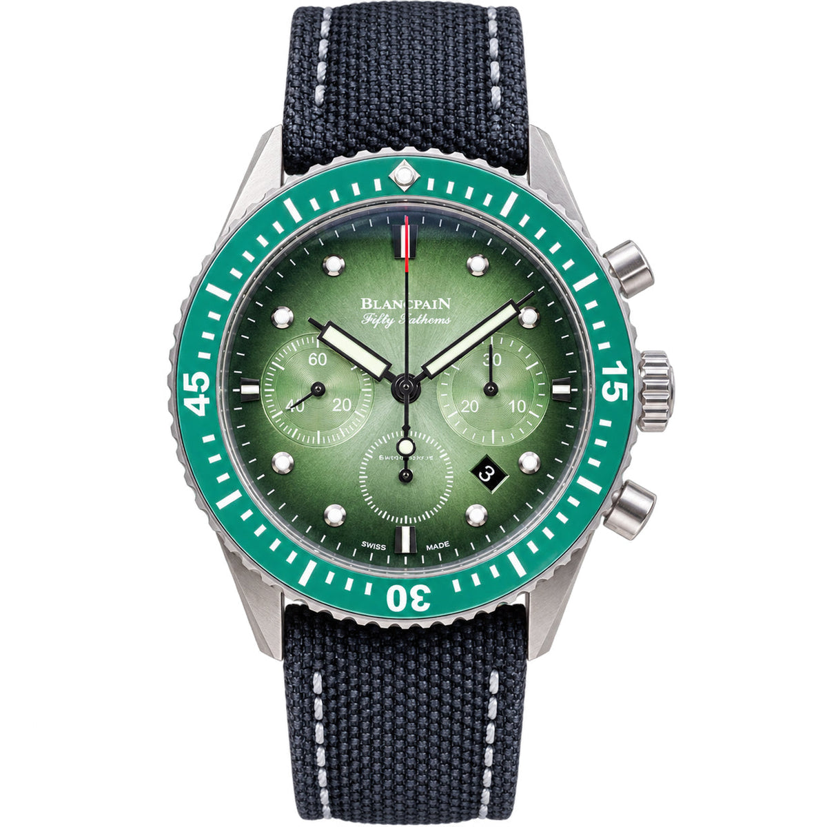 Blancpain Fifty Fathoms Bathyscaphe Chronograph green dial stainless steel case canvas strap