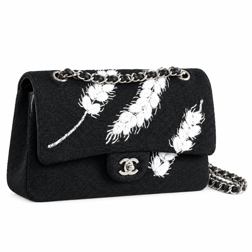 Chanel Classic Double Flap Tweed Black Camellia Charm Silver 25cm