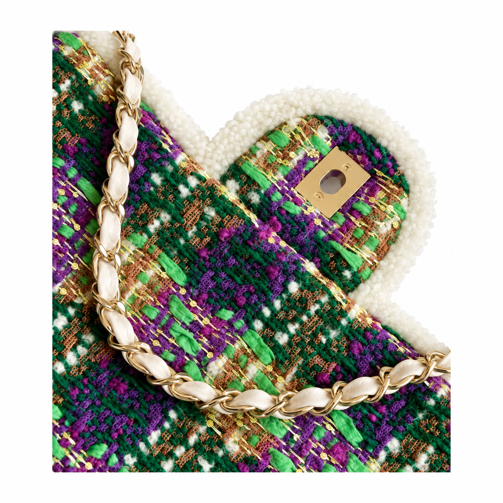 Chanel Tweed Bead Embellished Flap Bag Purple Green 21×33×10cm