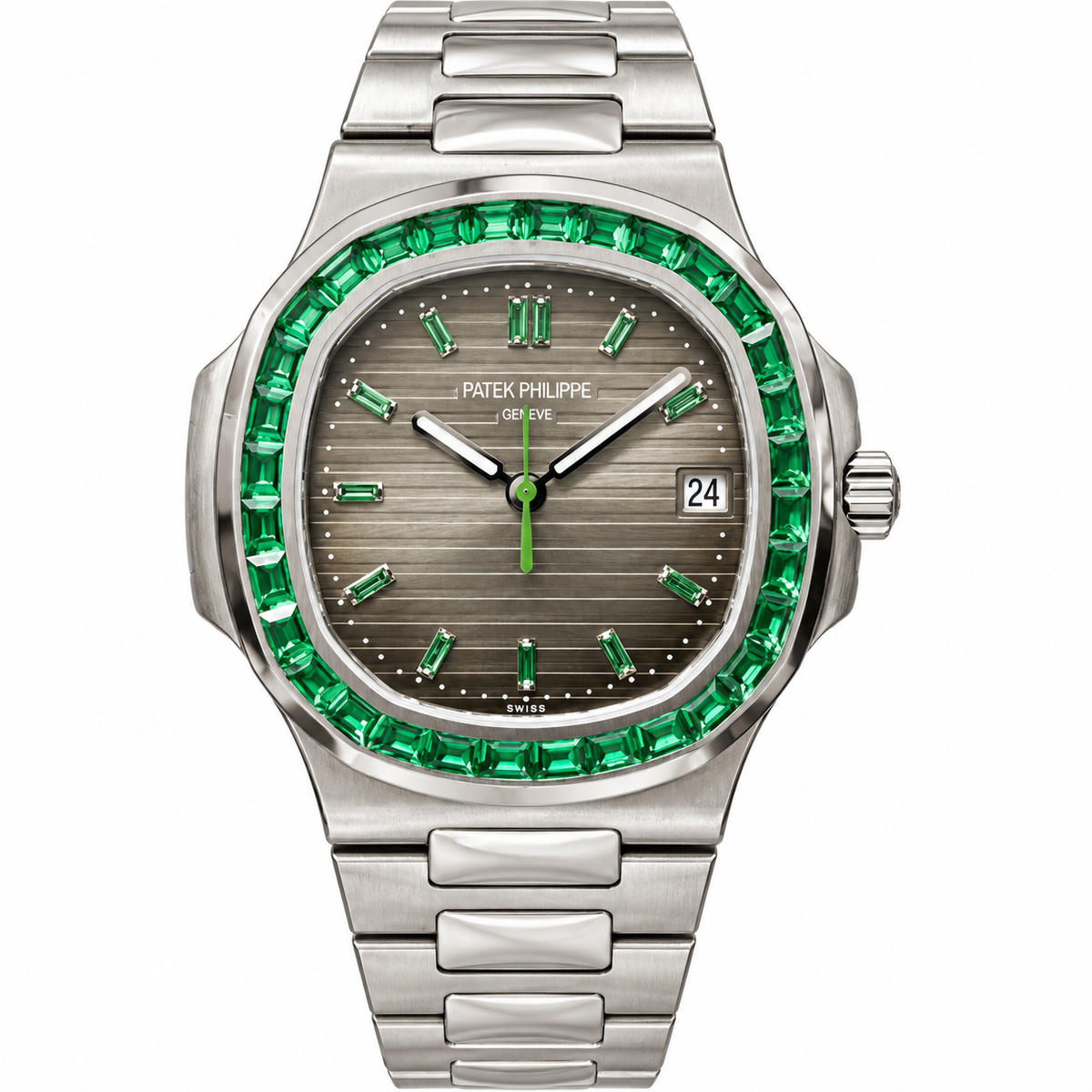 Patek Philippe Nautilus Steel Emerald Baguette Bezel Grey Dial 40mm