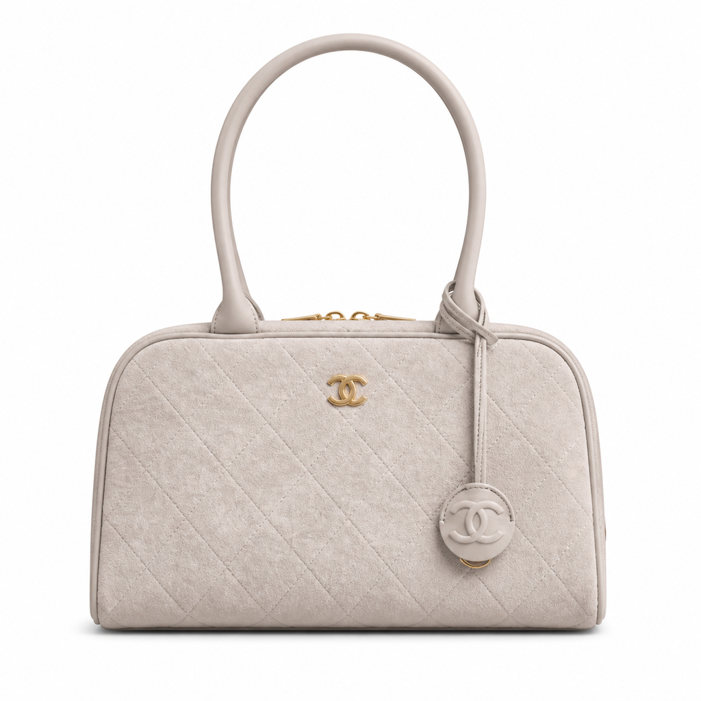 Chanel Bowling Bag Taupe Greige Diamond-Quilted Suede | Gold CC & Detachable Strap — 29cm