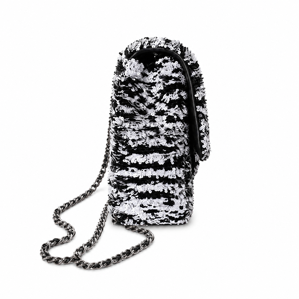 Chanel Black & White Zebra-Print Oversized Sequin Flap Bag | Square Gunmetal CC Turn-Lock & Black Leather Chain
