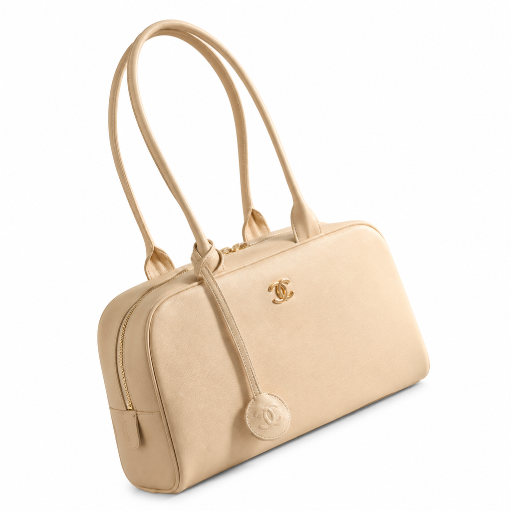 Chanel Bowling Bag Cream Ivory Smooth Lambskin | Gold CC Logo & CC Charm Ball — 29cm