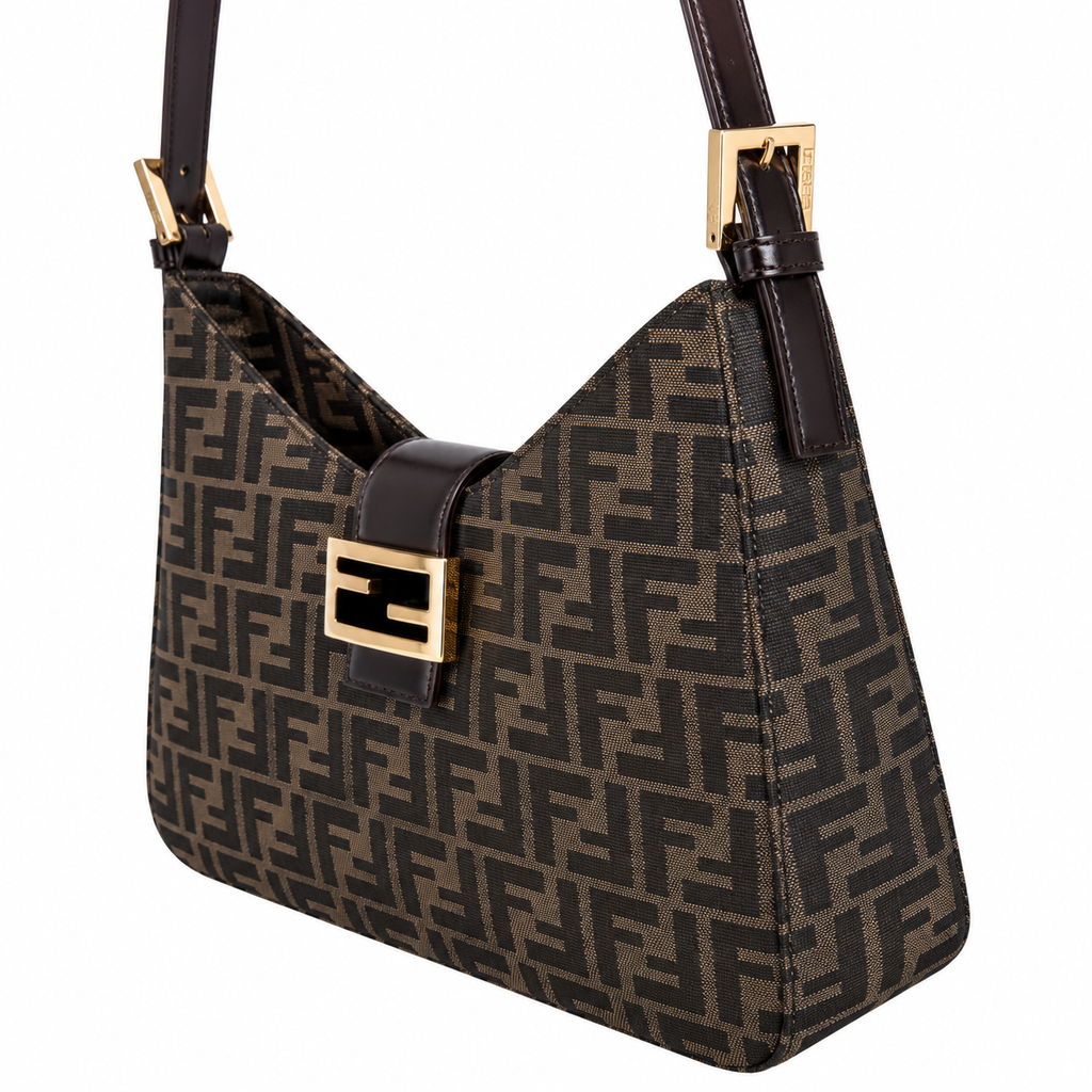 Fendi FF Shoulder Bag – Jacquard Canvas & Leather Trim, Flap Closure, 29cm